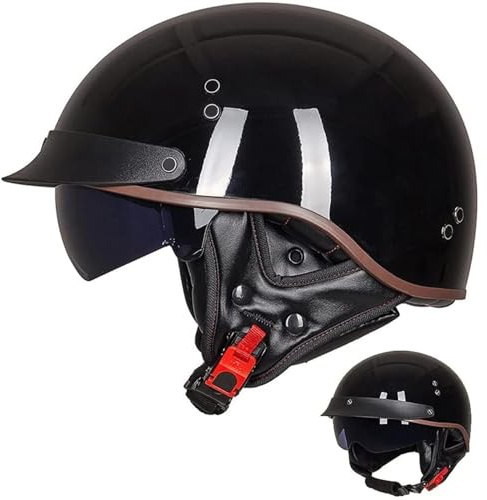 Casque Bol Jet Brain Demi-Coque Moto Vintage Homologué ECE Visière Intégrée pour Cruiser Chopper Scooter Cyclomoteur, I-L=59~60cm