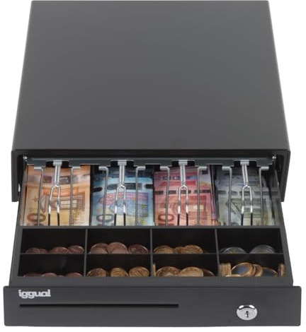 iggual – Kassenschublade IRON-15 – Manuelle oder automatische Geldbox für 4 Banknoten und 8 Münzen – Schloss mit 3 Positionen – Material Stahl + Kunststoff – Professionelle Verwendung – Schwarz (37 x
