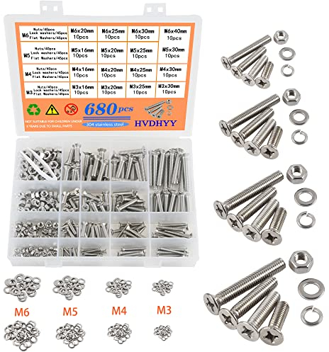 HVDHYY 680pcs Bulloni M3 M4 M5 M6 Viti a Testa Esagono Incassato Viti a Testa Esagonale in Acciaio Inossidabile Rondelle Dadi Assortimento Kit Testa Svasata con Scatola di Immagazzinaggio