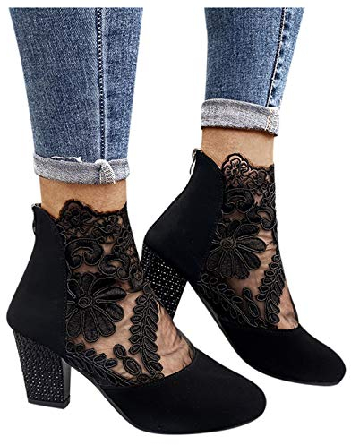 Sandalen Damen mit Absatz Weiß Sandalen Damen Spitze Pumps Schuhe Blockabsatz Stiefeletten Runder Spitze Blumenmuster Mesh Hohle Tüll Strass Sommerstiefel Reißverschluss Freizeit Atmungsaktiv Casual