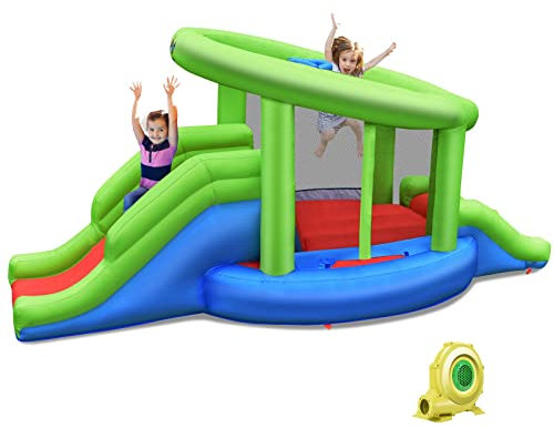 DREAMADE Aufblasbare Hüpfburg mit Gebläse, Hüpfburgen mit 2 Rutschen & Sprungbereich & Basketballkorb & Tragetasche, Outdoor/Indoor Spielburg für Kinder von 3-10 Jahren (mit Gebläse)
