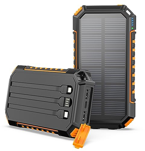 Solar Powerbank 27000mAh - Riapow Tragbare Solar Ladegerät mit 3 Integrierten Kabeln & 3 Ausgängen, Outdoor Camping Zubehör, USB C Externer Akku für Smartphones Tablets