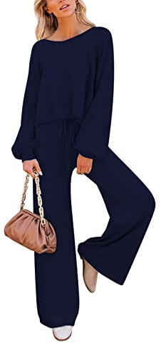 Sovoyontee Damen Langarm Kurz Top Sweatsuit Loungewear Weitem Hose Strick Pullover Trainingsanzug 2-Teiliges Set Marineblau XL