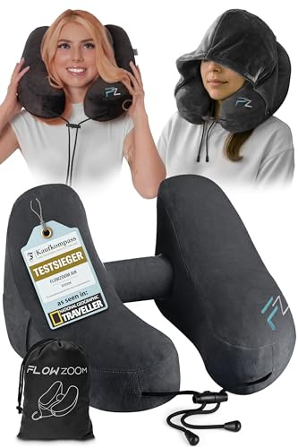 FLOWZOOM AIR Cuscino da viaggio gonfiabile con cappuccio Nero, Taglia M