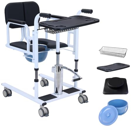 GHBXJX Patientenlifter für zu Hause, 5 in 1 Hydraulischer Patientenlifter mit 180° geteiltem Sitz, Toilettenstuhl für Senioren mit Rollen Höhenverstellbar, Duschstuhl für ältere mit Behinderungen