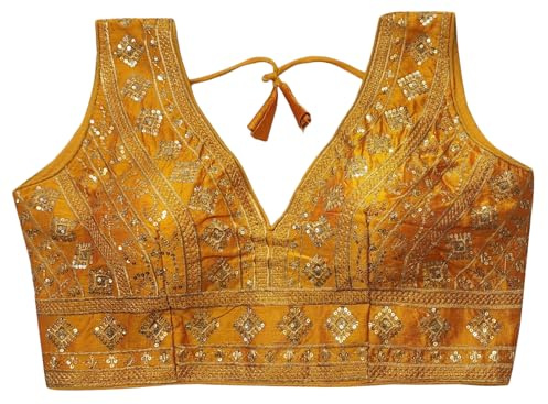 IMTRA FASHION Indiska Färdiggjord Tussar Silke Saree Blus för Kvinnor Crop Top Choli-Gul-42