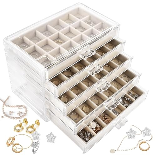YAYODS Organisateur de Bijoux en Acrylique à 5 Tiroirs - Boîte à Bijoux Transparente avec Doublure en Velours Beige - Rangement Modulable pour Boucles d'Oreilles, Bagues et Colliers sur la Coiffeuse
