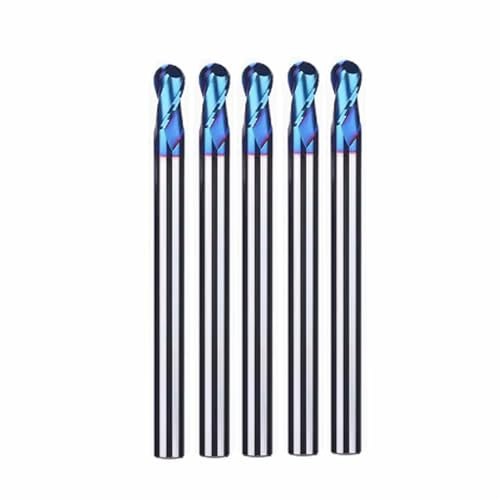 Hunricho 5pcs HRC65 Wolfram Stahl Kugelnase 2 Flöten Hartmetall End Mills mit Nanco Blau Beschichtung CNC Bits für Holz Kunststoff Stahl Schnitt 3D Carving Gravur (Tip Φ4mm)