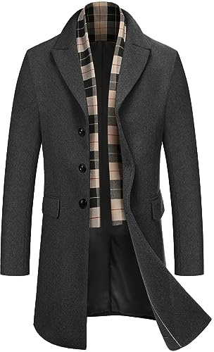 COOFANDY Herren Mantel mit Abnehmbaren Schal Wintermantel | Einreihiger Kurzmantel Business Trenchcoat Warme Winterjacke Overcoat