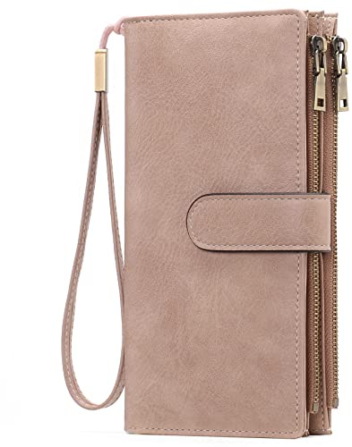 GOIACII Damen Leder Geldbörse mit Handgelenkband, Große Kapazität Portemonnaie mit 2 Reißverschlussfach, RFID-Schutz Brieftasche für Damen Soft Pink