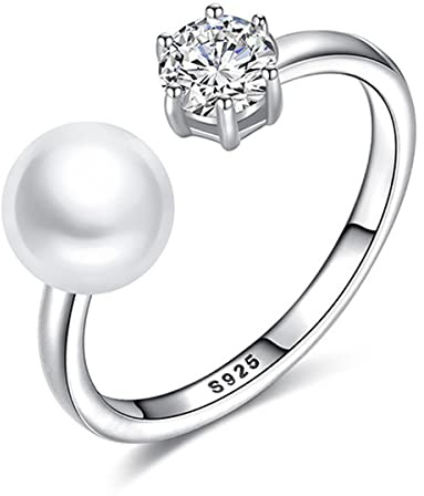 RobertDTesta Damen-Perlenring, Gotischer Mode-S925-Sterlingsilber-CZ-Zirkon-Offener Verstellbarer Süßwasserperlen-Ring,Weiß,10