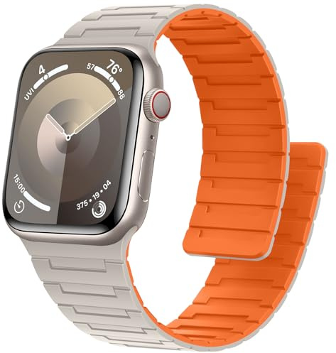 Bisikor Magnetic Straps Compatible with Apple Watch Band 49mm 46mm 45mm 44mm 42mm 41mm 40mm 38mm Silicone Sport Strap for iWatch Ultra2 SE Series 10 9 8 7 6 5 4 3 (38/40/41/42, Starlight/Orange)