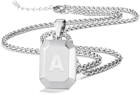 Männer Herren Edelstahl Halskette Mit Alphabet Schmuck Geschenke | Silber Schwarz Gold Quadrat Hundemarke Initial Monogramm A-Z Kette für Jungen 20 + 2 Zoll Weizen Kette Unisex