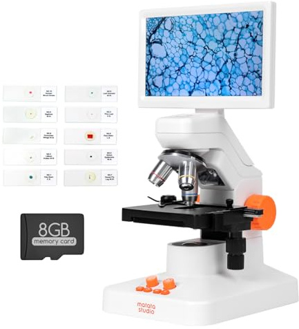 Microscopio Niños Adultos, MatataStudio MT3-4 1200x Microscopio Digital USB con Pantalla 1080P de 7 Calibrador Vernier Portaobjetos 5MP COMS Microscopios Biológico Profesional para Lab y Escolar