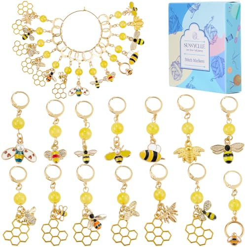 SUNNYCLUE 1 Box 14 Stück 14 Stile Bienen Maschenmarkierer Häkelanhänger Große Menge Emaille Legierung Gelbgold Bienen Bienenstöcke Insekten Verschlussdraht Markierungsanhänger Zum Weben Nähen Stricken