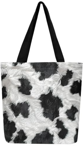 Loussiesd Kuh Print Leinwand Einkaufstasche Kuh Pelz Textur Muster Große Kapazität Einkaufsbeutel Muster von Kuh Leder Tragetasche Stofftasche für Shopping Gym (kein echtes Pelz)