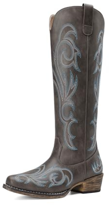 DREAM PARIRS Cowgirl-stövlar för kvinnor bekväma cowgirl, knähöga stövlar dra på sidan med dragkedja tjock klack broderade västerländska stövlar, Mörkbrunt, 37.5 EU