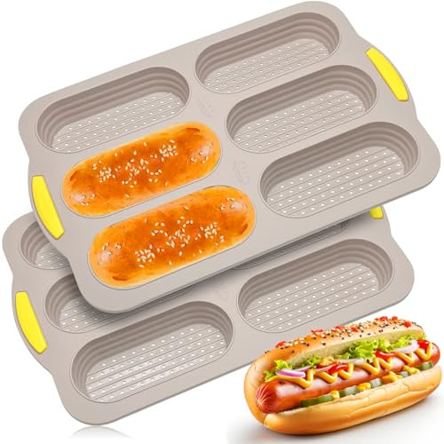 Hot Dog Ensemble de moules à pain en silicone – 6 cavités rustiques pour pain et rouleaux, plaque de four antiadhésive pour bouquets et sous-rouleaux faits maison (compatible avec les aliments, passe