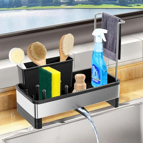 HONPHIER Organizador de Fregadero Soporte Estropajo Cocina con Bandeja de Drenaje Autodrenante Porta Estropajos, Negro