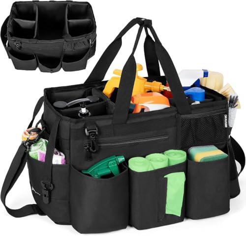 OUUTMEE Cleaning Caddy Bag with Detachable Dividers– Wearable Cleaning Caddy Organiser with Handles & Adjustable Shoulder Strap, Cleaning Tote Bag for Cleaners & Housekeepers (33x20x26cm, Black)