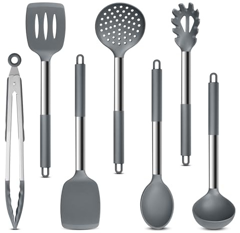 Herogo 7 Stück Silikon Küchenhelfer Set mit Edelstahlgriff - Grau | Küchenutensilien Set, Antihaftbeschichtetes, Hitzebeständiges Silikon zum Kochen, Leicht zu Reinigen, Spülmaschinenfest