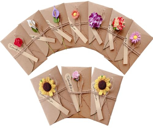NJCXOLA 10 Pcs Fiori Secchi Biglietto D'auguri, 17.5 * 11cm Biglietto Grazie con Busta Kraft, Biglietto Auguri Compleanno, Biglietto Ringraziamento Maestra, per Matrimonio Natale
