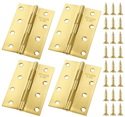 Anstore 4 Stainless Steel Hinges, 4pcs 100mm Stainless Steel Internal Door Hinges, Gold Folding Butt Hinges, Steel Fire Rated Hinge with 48 Screws for Window,Cabinets, Wooden Boxes Gate Cabinet