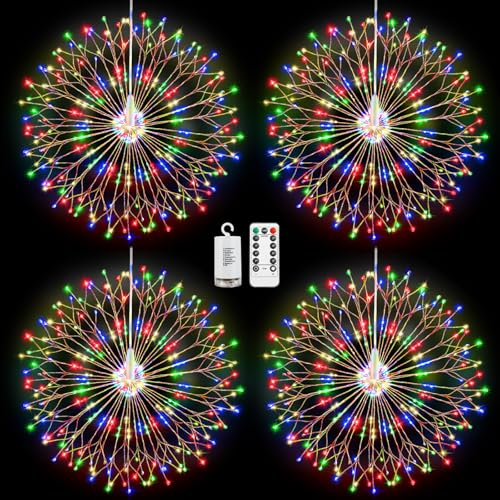 Lewondr Luces De Fuegos Artificiales Navideños, 4PCS 210 LED Luces Colgantes Hadas Con Control Remoto, 8 Modos, Luce De Cadena Estrellas Impermeables Para Decoración Interior Exterior, Multicolor
