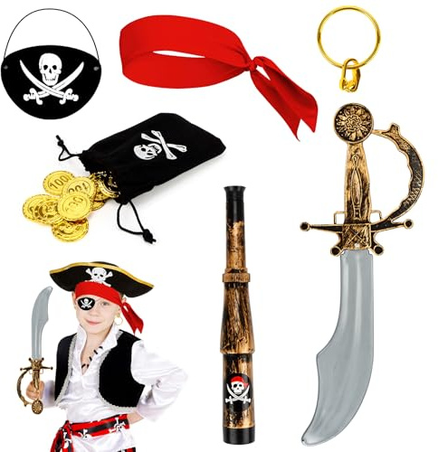 Feirdhoo Piratenkostüm Kinder, 7 Stück Piraten Kostüm Zubehör Set Pirat Piraten Stirnband Augenklappe Fernglas Geldbeutel für Vintage Outfit Halloween Karneval Party Rollenspiel