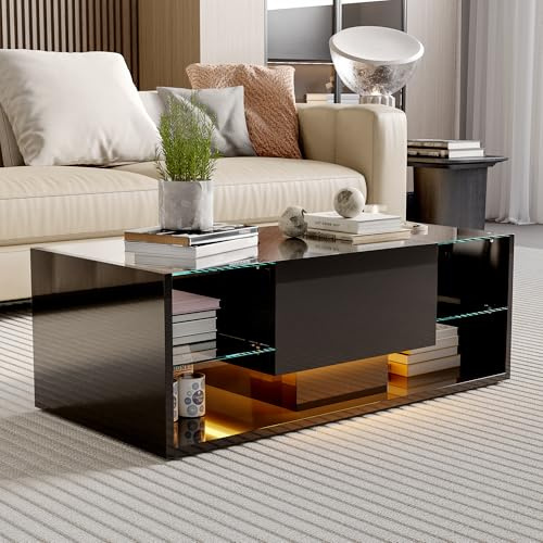 DADEA Tavolino Salotto Nero con LED, Tavolo Salotto LED, 1 Cassetti, Tavolino Soggiorno LED Tavolini SalottoLED Tavoli daSalotto con Cassetto Tavolo Soggiorno Rettangolare Nero Moderno, 100×50×35cm