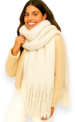 Ziona Damen Schal Winter XXL – kuschelig weich, breit & warm – mit Fransen, einfarbig, Herbst Accessoire aus 100% Viskose, 175 x 50 cm (Creme)
