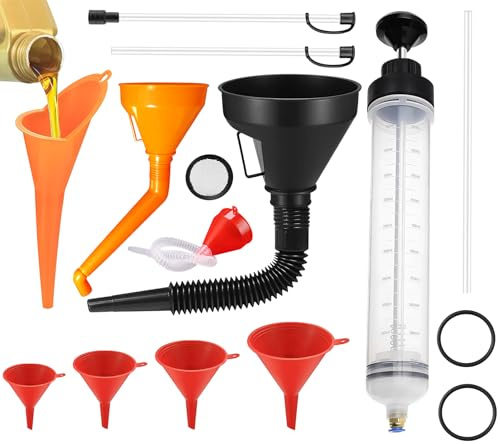 XianzhanEU Juego de 11 embudos multifunción, con bomba de extracción de 500 ml con manguera y extensiones para coche, taller y hogar