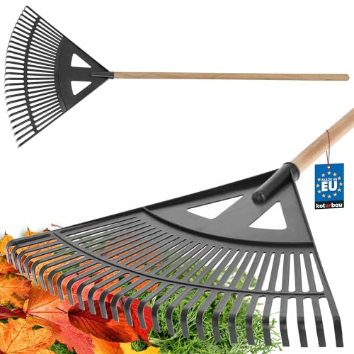 KOTARBAU® Laubrechen Kunststoff - 58 cm - Gartenrechen mit Holzstiel - 100 cm - Rechen für Herbstlaub & Heckenschnitt - Fächerbesen für Heu - Laubbesen - Laubharke - Kunststoff - Schwarz