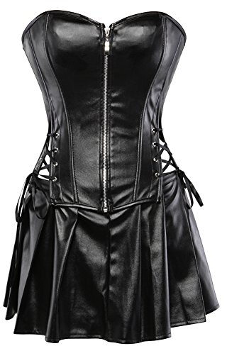 Grebrafan Damen Reißverschluss Korsett Kunstleder Corsage Rock (EUR(48-50) 6XL, Schwarz)
