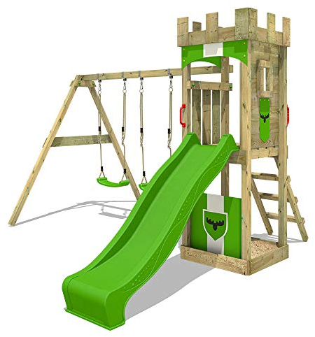 FATMOOSE Spielturm Ritterburg TreasureTower Top XXL mit Schaukel & apfelgrüner Rutsche, Outdoor Kinder Kletterturm mit Sandkasten Leiter & Spiel-Zubehör für den Garten
