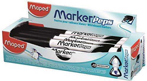 Maped - 12 pennarelli cancellabili a secco Marker'Peps, per lavagne di ardesia e bianche, pennarelli non permanenti, punta media da 1,5 mm, colore: Nero