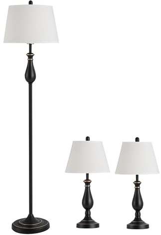 HOMCOM 3er-Set Stehlampen-Set inkl. 2 Tischleuchten, 1 Stehleuchte, Tischlampen-Set mit E27 Fassung, Lampenschirm aus Leinen Standlampe für Wohnzimmer, Schlafzimmer, Weiß+Schwarz