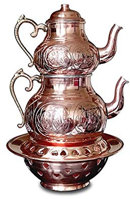 Generic Handgjord koppar tekanna med ottomanvärmare, autentiskt graverat mönster, samovar, vattenkokare, 3 delar