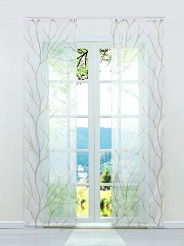 ESLIR Schiebegardinen Set 2er Flächenvorhänge Gardinen mit Klettband Schiebevorhang Transparent Vorhang mit Zweige Muster Voile Weiß-Sand BxH 57x225cm 2 Stück