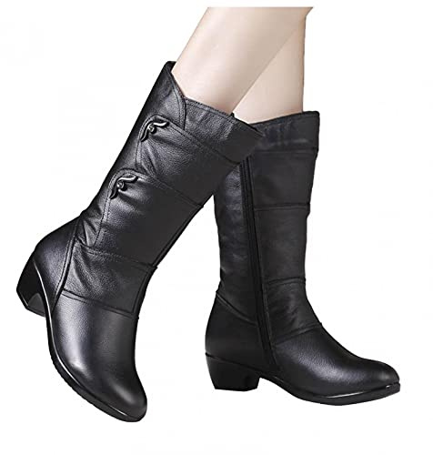 Hbeylia Boots For Women Ladies Fashion Casual Leather Round Toe Chunky Block Low Heels Mid Calf Riding Boots With Side Zip Soft Dress Short Boots For Fall Winter Christmas Halloween Party Decoration