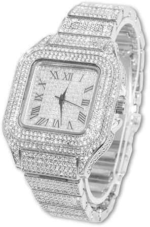 Halukakah Quadratisch Zifferblatt Diamant Golduhr Iced Out, Männer 18k Echtgold/Platin Weißgold Plattiert Quarz Armband 24cm, mit Kubanische-Kette Halskette Armband-Set Optionen, mit Geschenkbox
