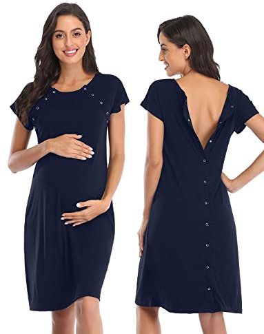 Soanhoo Damen Umstands-Nachthemd 3-in-1 Lieferung Arbeit Stillnachthemd Krankenhauskleid Nachtwäsche zum Stillen, Marineblau, Medium