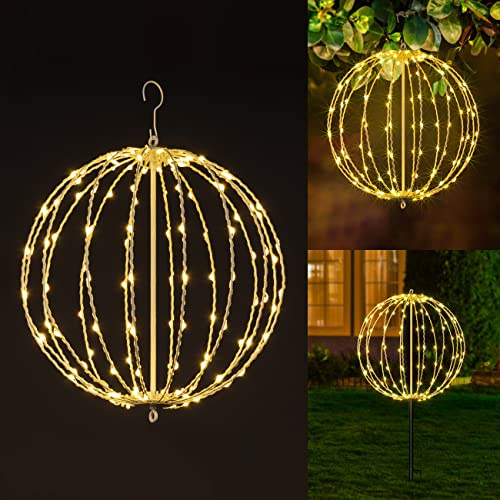 Christmas Ball Light Sphere, 16IN 128LED Hanging Tree Light and Pathway Lights with Hook and Stake, Foldable Metal Frame Light Ball for Outdoor Garden, UL Listed, White Frame, Warm White
