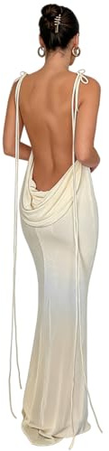 JUMISEE Women Sexy Backless Draped Maxi Dress - Elegant Sleeveless Spaghetti Strap Evening Dress for Long Club Party Beach - Beige, M