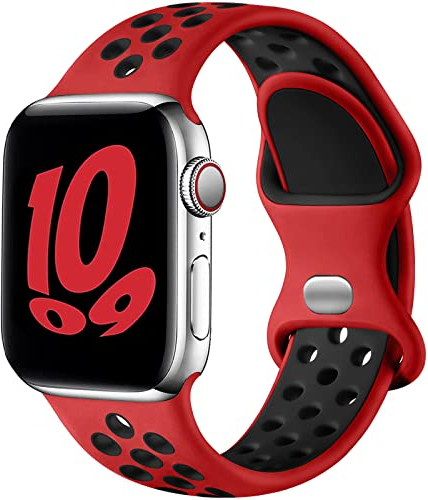 Upeak Sport Armband Kompatibel mit Apple Watch Armband 44mm 45mm 49mm 46mm 42mm 40mm 41mm 38mm, Atmungsaktiv Silikon Doppelloch Band für iWatch Series 11 10 9 8 7 6 5 4 2, SE 3, Ultra 3,L, Rot/Schwarz