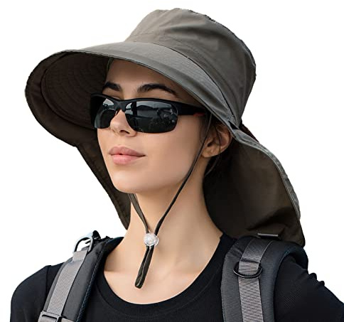 INSISMY Sonnenhut Damen UV Schutz 50 mit Nackenschutz und Zopfloch | Sonnenhut Damen Faltbar, Sommerhut Leicht und Wasserabweisend, Fischerhüte mit Kinnband für Outdoor Wandern Reisen Safari