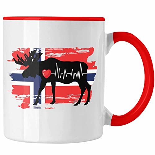 Trendation - Norwegen Elch Herzschlag Tasse Geschenk für Norwegen Liebhaber Hobby Geschenkidee (Rot)