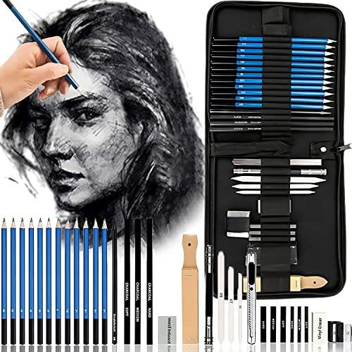 Retoo Zeichenset 32-teilig, Bleistift Set, Graphit, Kohlenstoffmarker | 12 Bleistifthärten, 3 Kohlestifte, 3 Graphitstäbe, 2 Radierer, 2 Spitzer, Kunstmesser, Bleistiftverlängerung, Reiseetui