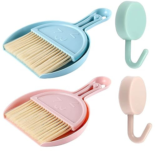 2 Pcs Small Dustpan and Brush Set with 2 Self Adhesive Hooks Mini Dustpan and Brush Mini Hand Broom and Dustpan Set for Desk Home Kitchen Necessities