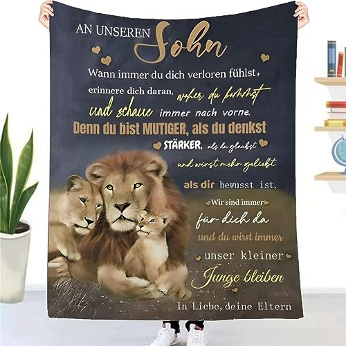 UOOYAA Kuscheldecke Flauschige an unseren Sohn von Eltern, Personalisierte Geschenke Decke Deutsche Mama und Papa für Sohn Briefdecke Positiv Ermutigen Fleecedecke Wohndecke Sofadecke(150×200cm)